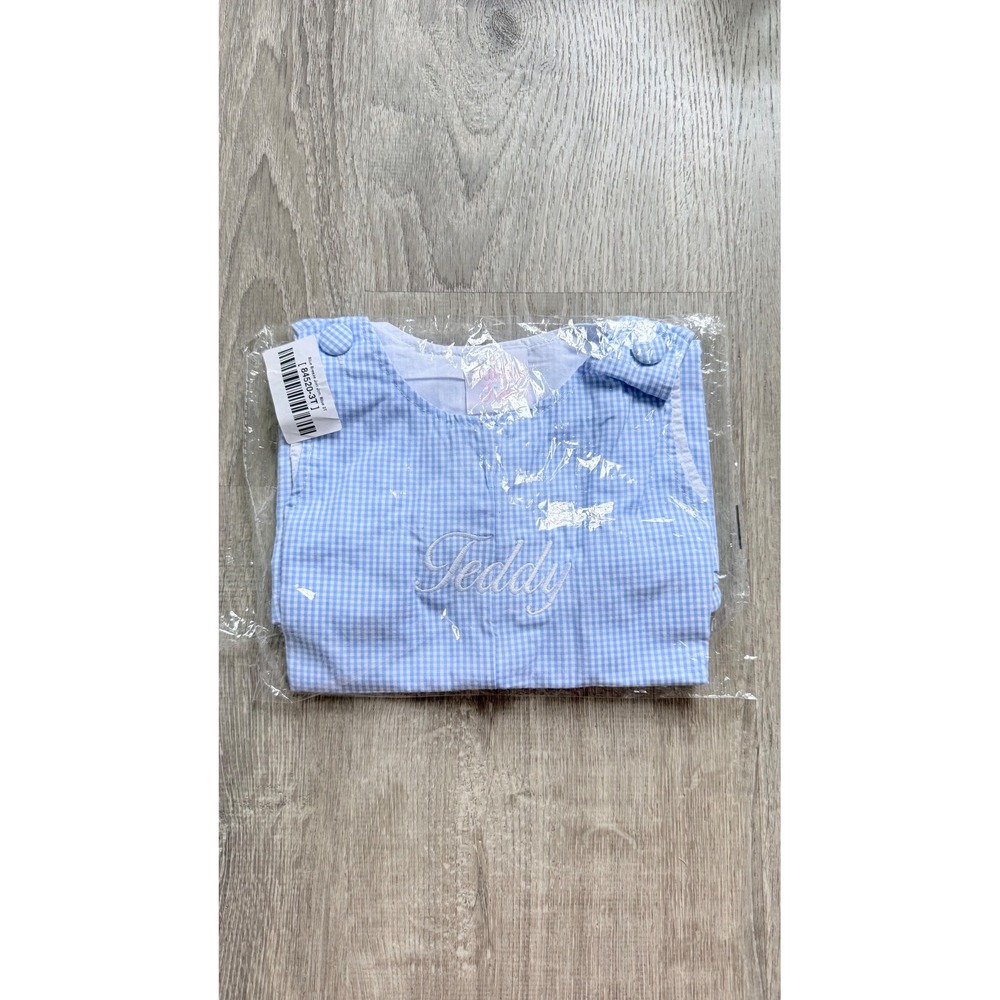 Stitchy Fish Blue Breeze Jon Jon Romper Gingham Embroidered "Teddy" Theodore 3T
